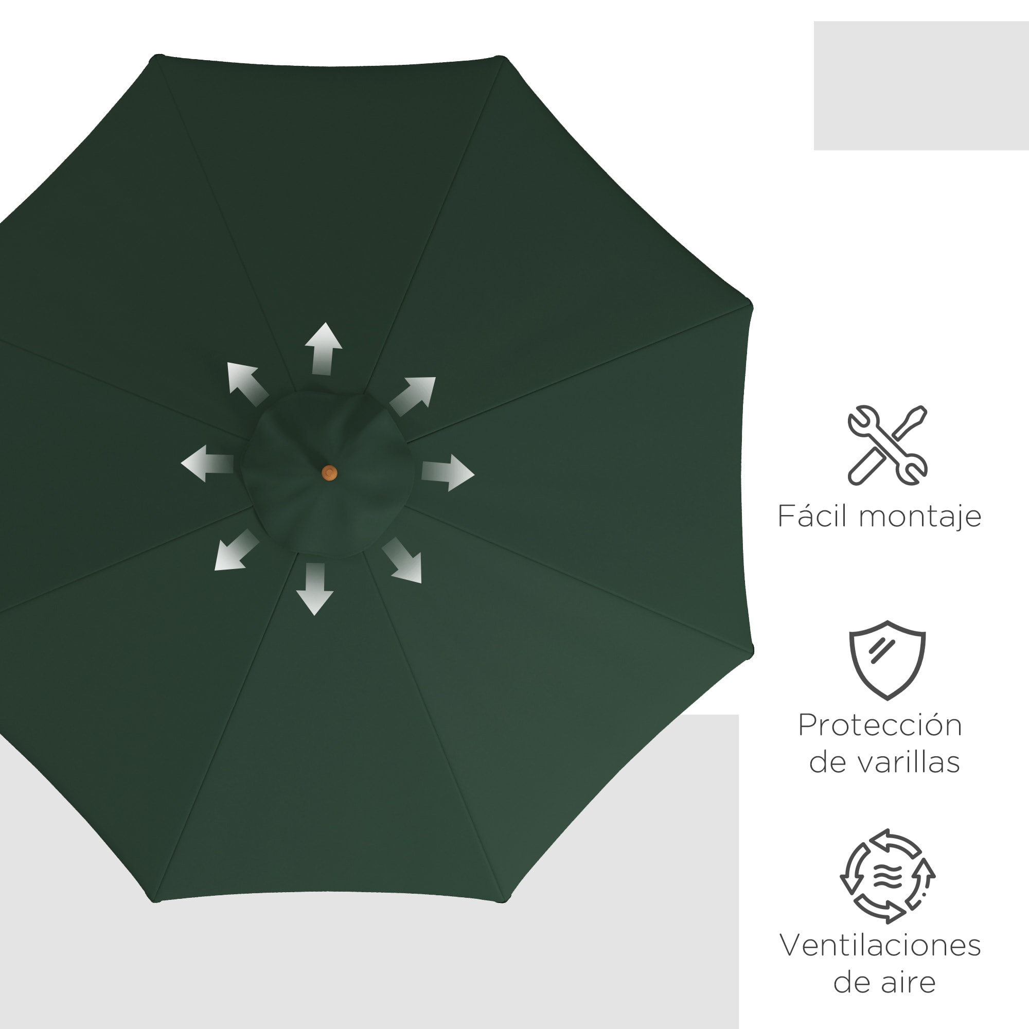 Sombrilla de Jardín Ø325x250 cm Parasol de Madera con Sistema de Polea Techo de Ventilación y 8 Varillas de Bambú para Terraza Balcón Exterior Verde Oscuro