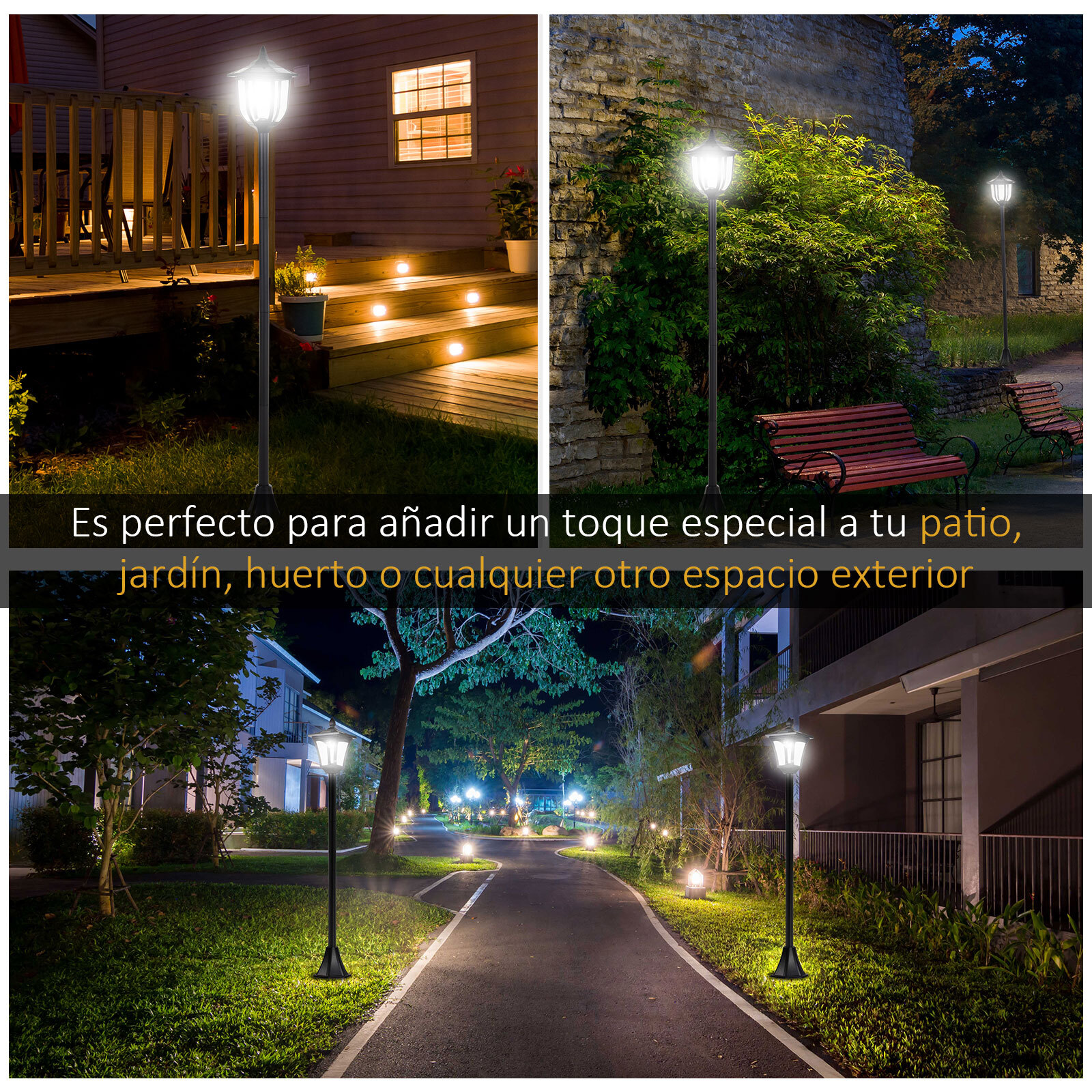 Conjunto de 2 Farolas Solares Luces Solares para Jardín con Panel Solar Encendido Automático Impermeable IP44 para Terraza Patio 18x18x160 cm Negro