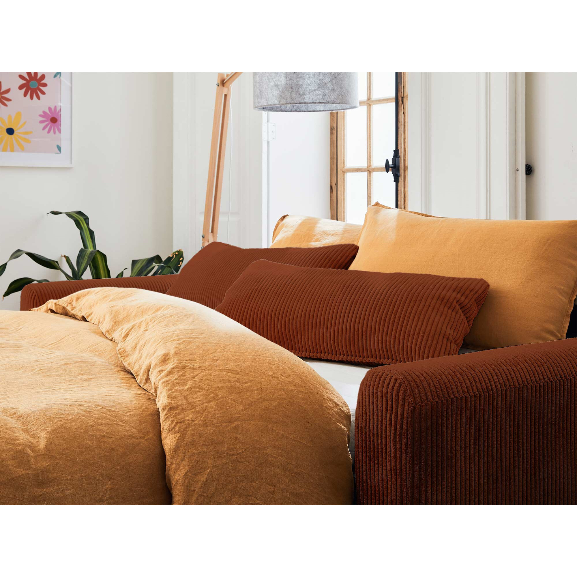 Owen - canapé lit 3 places convertible express couchage quotidien 140 cm matelas 12 cm en velours côtelé - Terracotta