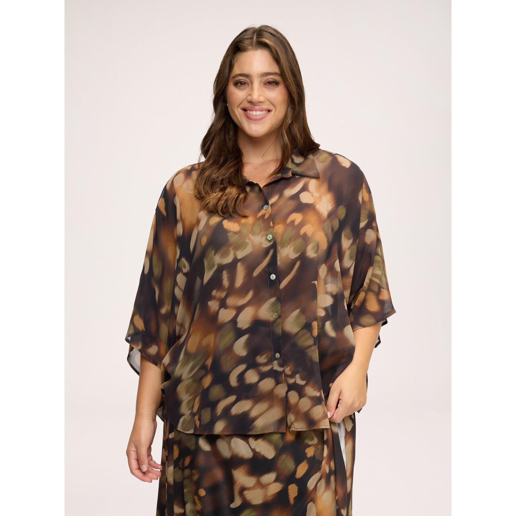 Fiorella Rubino - Blusa kimono con stampa in georgette - Marrone