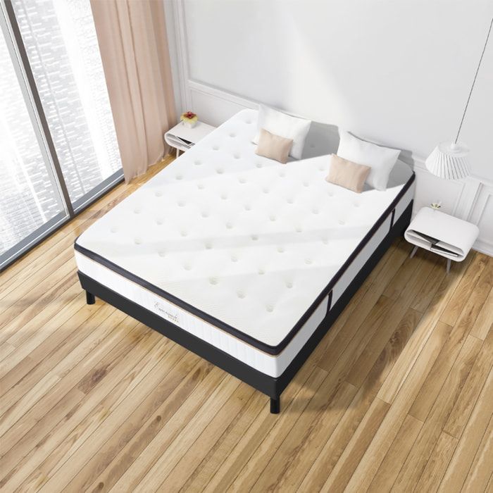 Ensemble EMERAUDE | 2 Places |Matelas Mémoire de Forme - 24 cm avec Sommier Kit Bois Noir