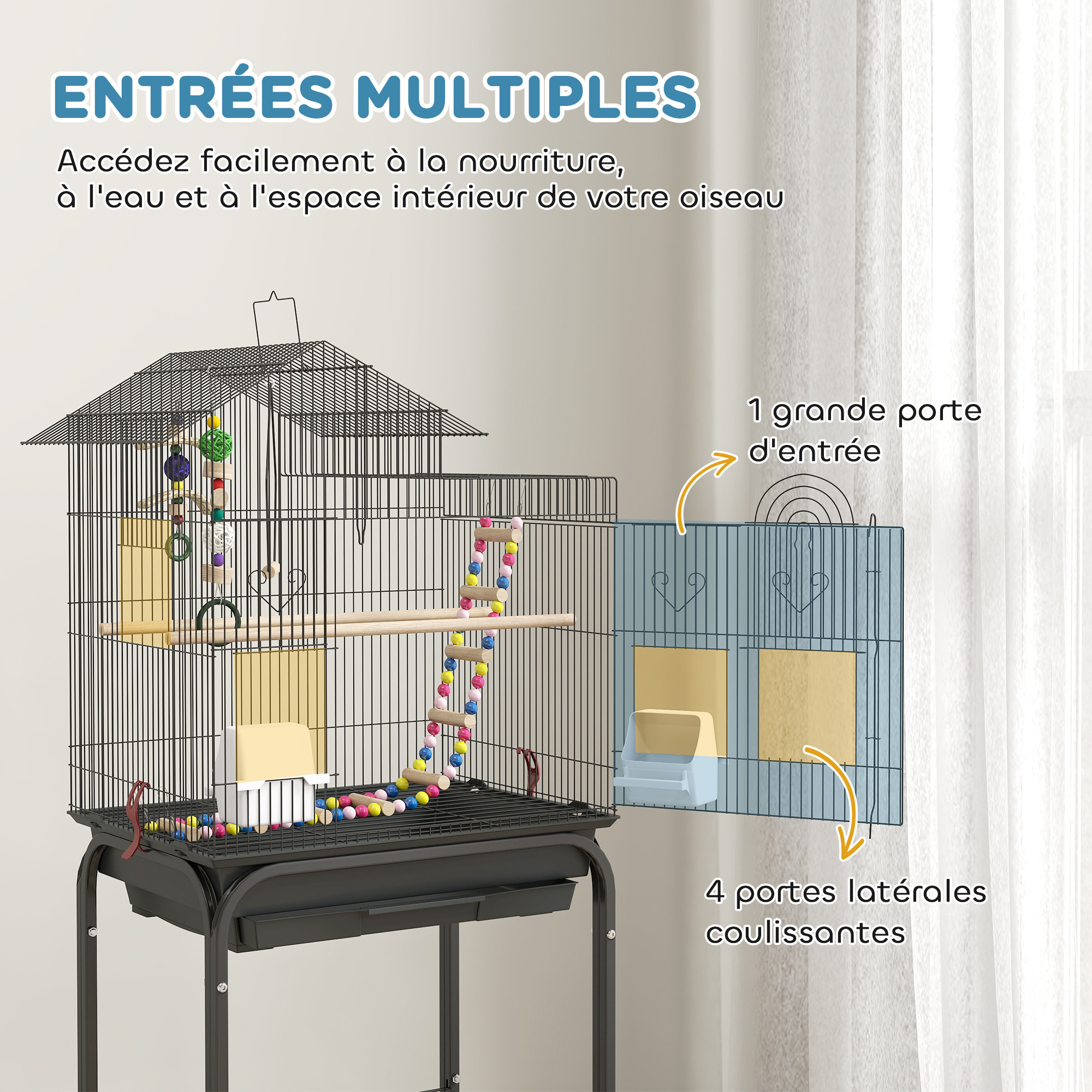 Cage à oiseaux 46 x 36 x 120 cm étagère 2 mangeoires 2 perchoirs balançoire échelle jouet noir