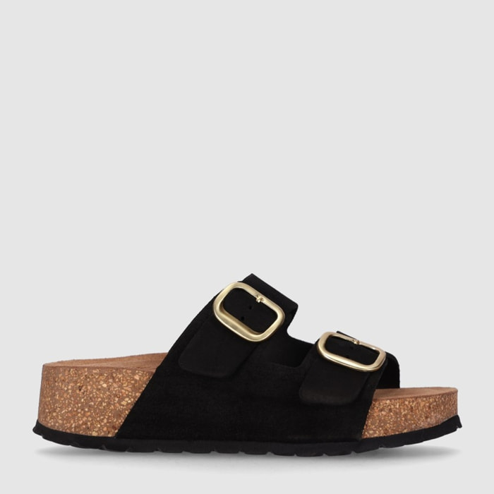 Sandalias de Serraje - Negro - Tacón: 4 cm