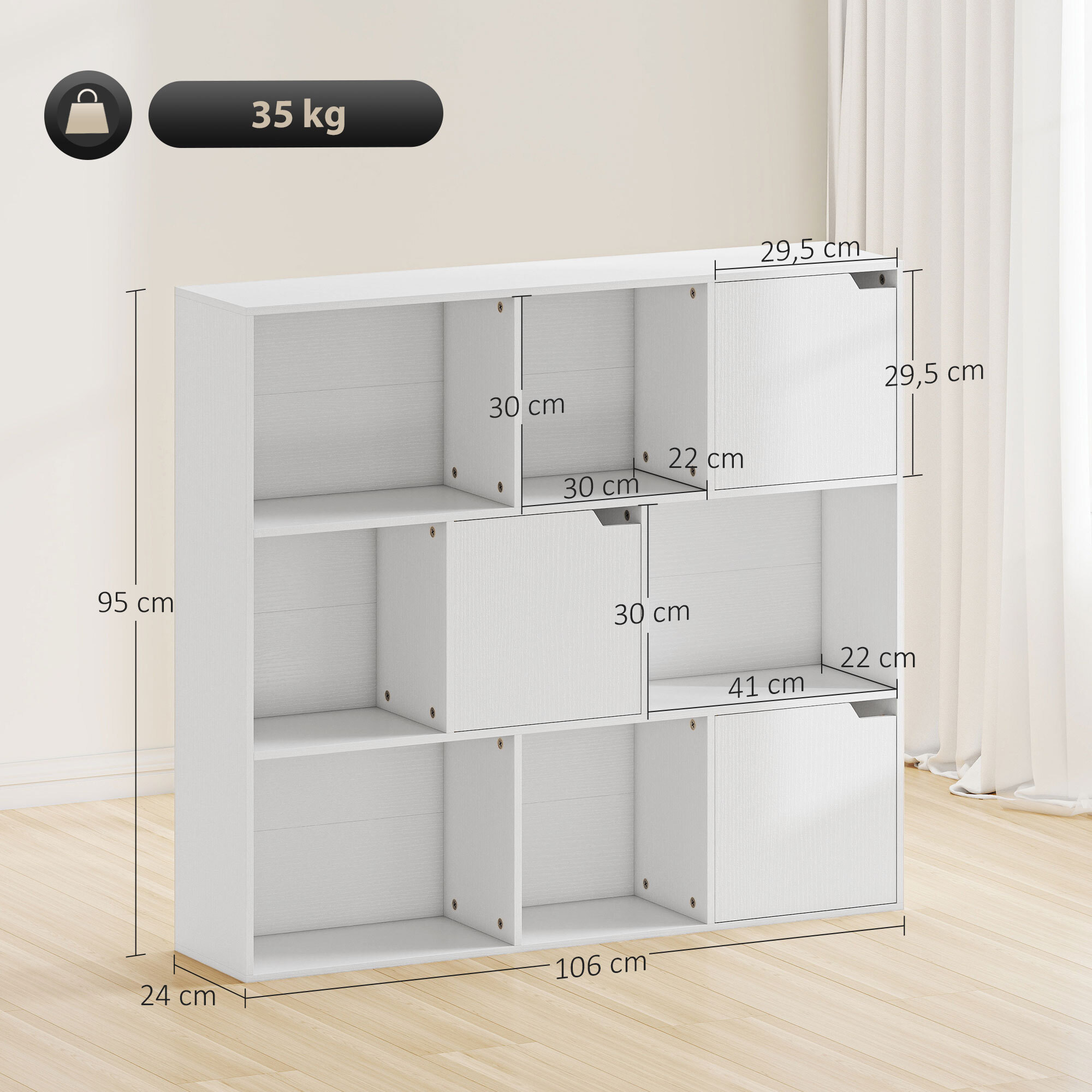 Estantería de 9 Cubos, Librería de 3 Niveles con 3 Puertas y 6 Compartimentos Abiertos, Estilo Moderno, para Dormitorio, Salón, Estudio u Oficina, 106x24x95 cm, Blanco