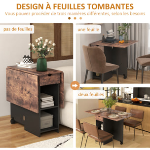 Table de cuisine rabattable - table à manger pliable 2-4 personnes - étagères, tiroir - noir effet bois
