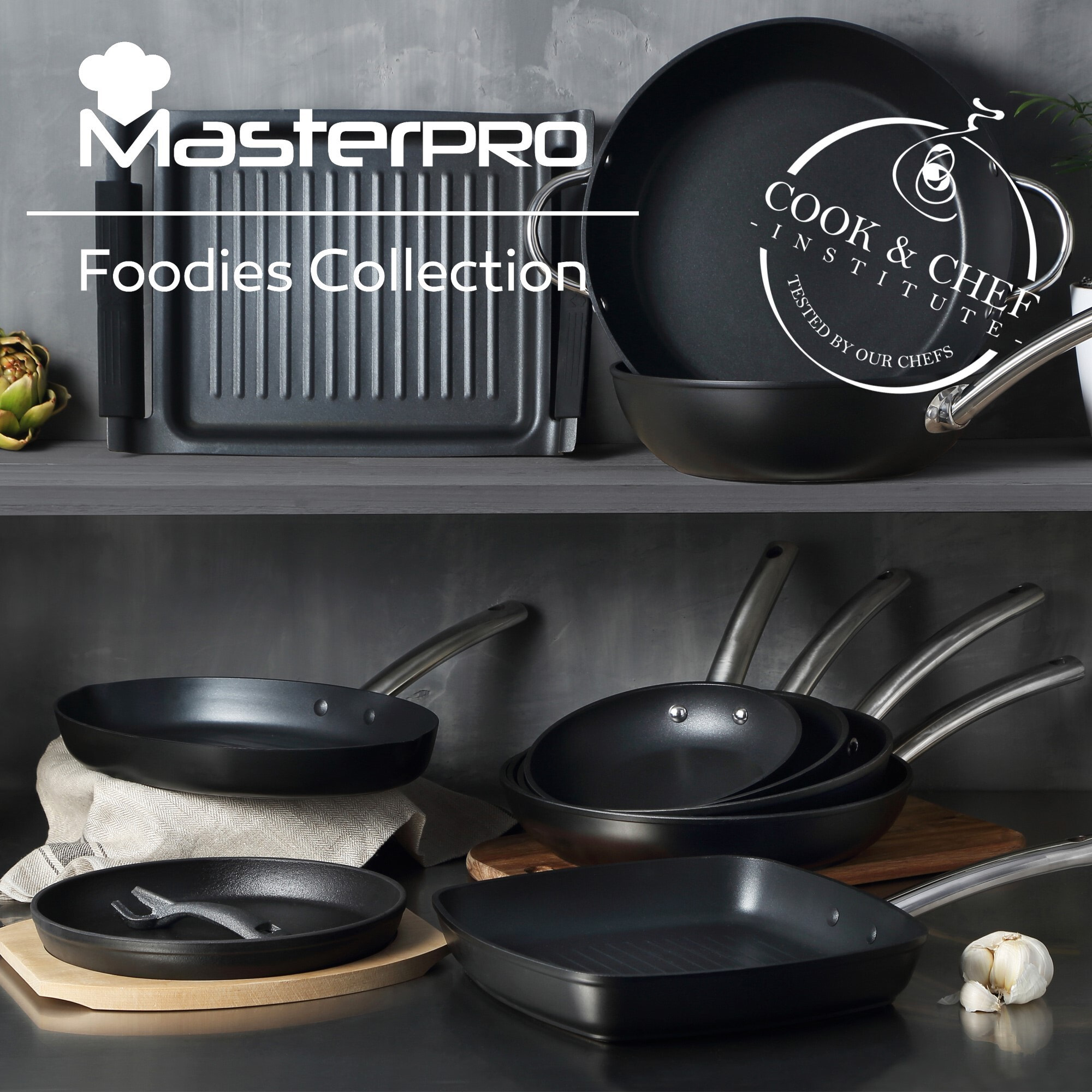 Juego de 3 Sartenes Ø24Ø28Ø30cm + Wok Ø28cm + Sartén doble 30x24cm en Aluminio aptas para inducción color Negro FOODIES MasterPRO