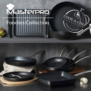 Juego de 3 Sartenes Ø24Ø28Ø30cm + Wok Ø28cm + Sartén doble 30x24cm en Aluminio aptas para inducción color Negro FOODIES MasterPRO