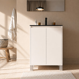 Meuble de Salle de Bains 50 cm Blanc 2 Portes et Vasque Céramique Noire - XENOS