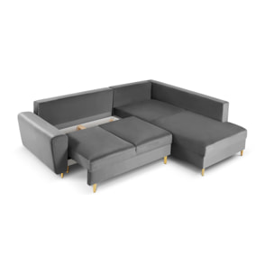 Canapé d'angle droit convertible avec coffre de rangement "Kyoto" 5 places en velours gris clair