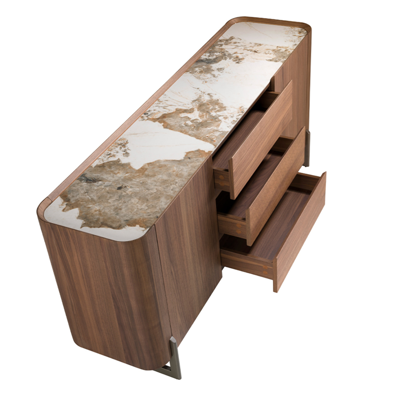 Aparador de madera chapada en nogal natural y patas de acero inoxidable oscuro metalizado 180x45x80cm