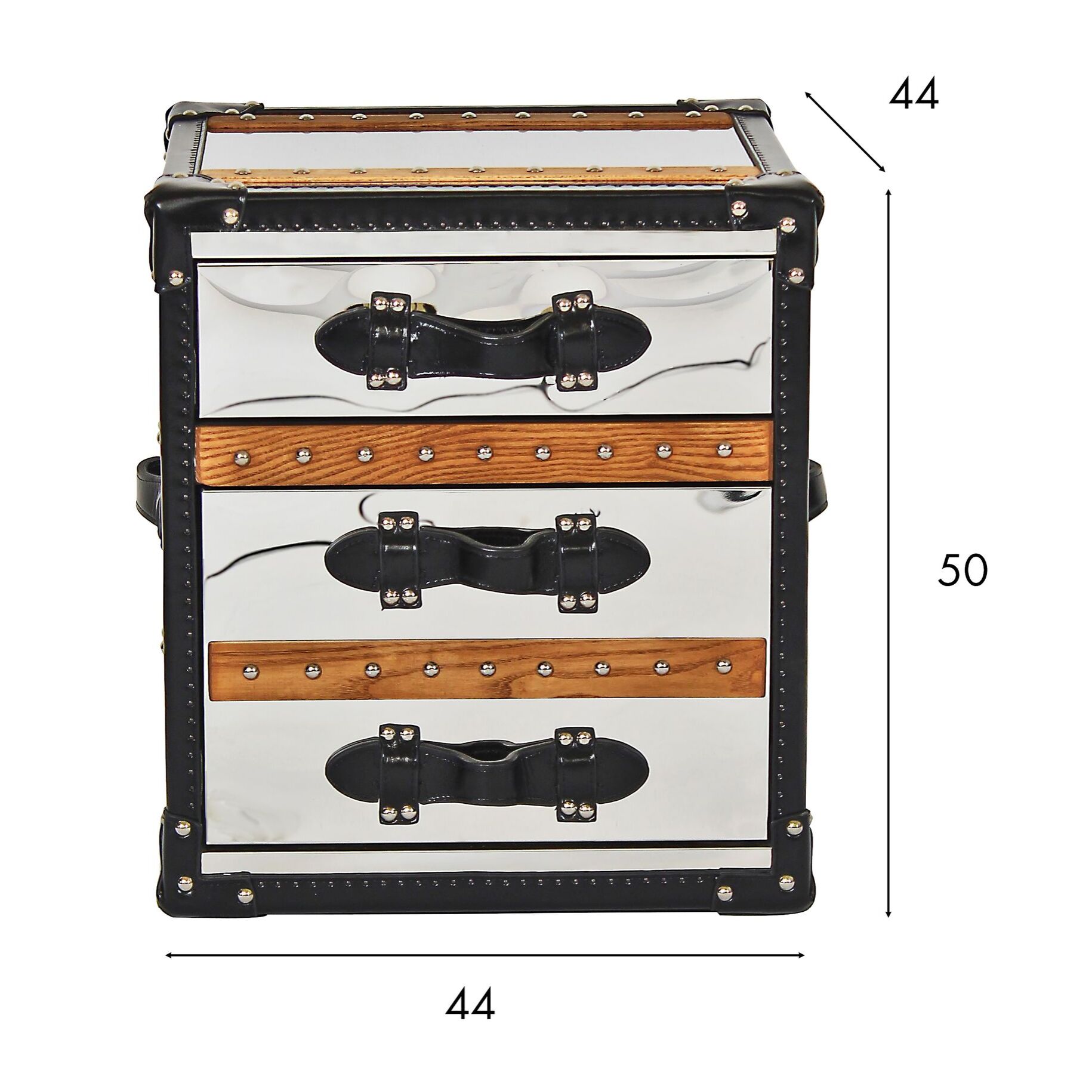 Meuble d'appoint 3 tiroirs en acier inoxydable et cuir