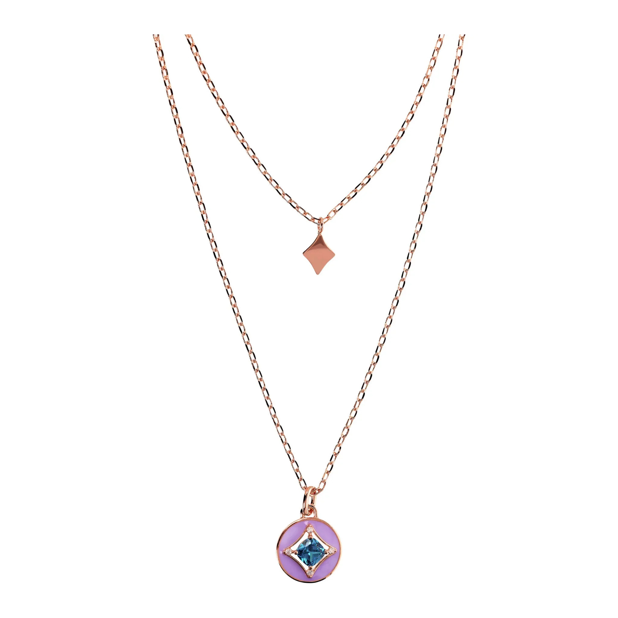 Collana Multifilo Catena Forzatina con Ciondolo Étoile e Pendente Tondo Smaltato Blu con Cubic Zirconia Viola