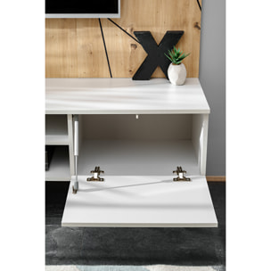 Parete Attrezzata Moderna Per Tv Con Pannello Design Geometrico Mobile 2 Ante Ribalta E Pensile Con Vetrina E Led 200 x 35 x 148 Cm Grigio E Rovere