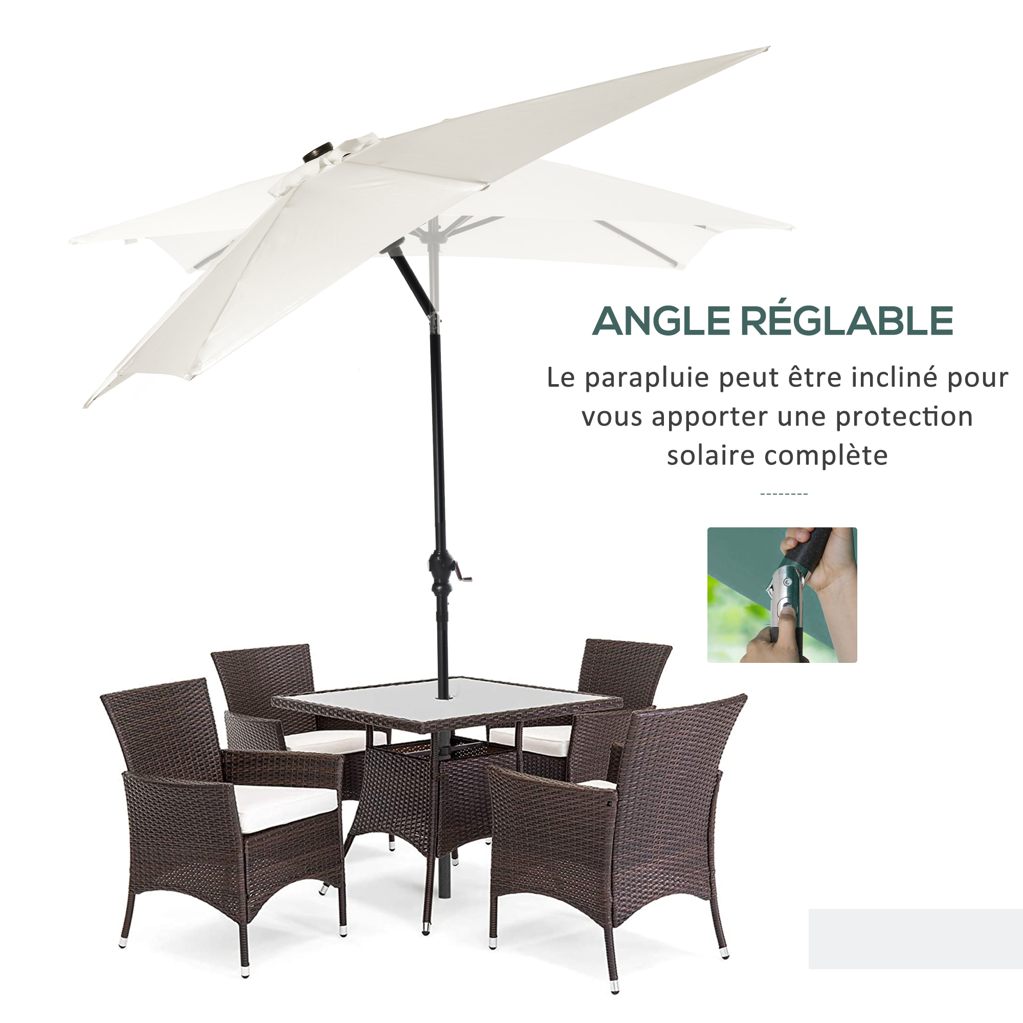 Parasol lumineux rectangulaire inclinable dim. 2,68L x 2,05l x 2,48H m parasol LED solaire métal polyester haute densité blanc cassé