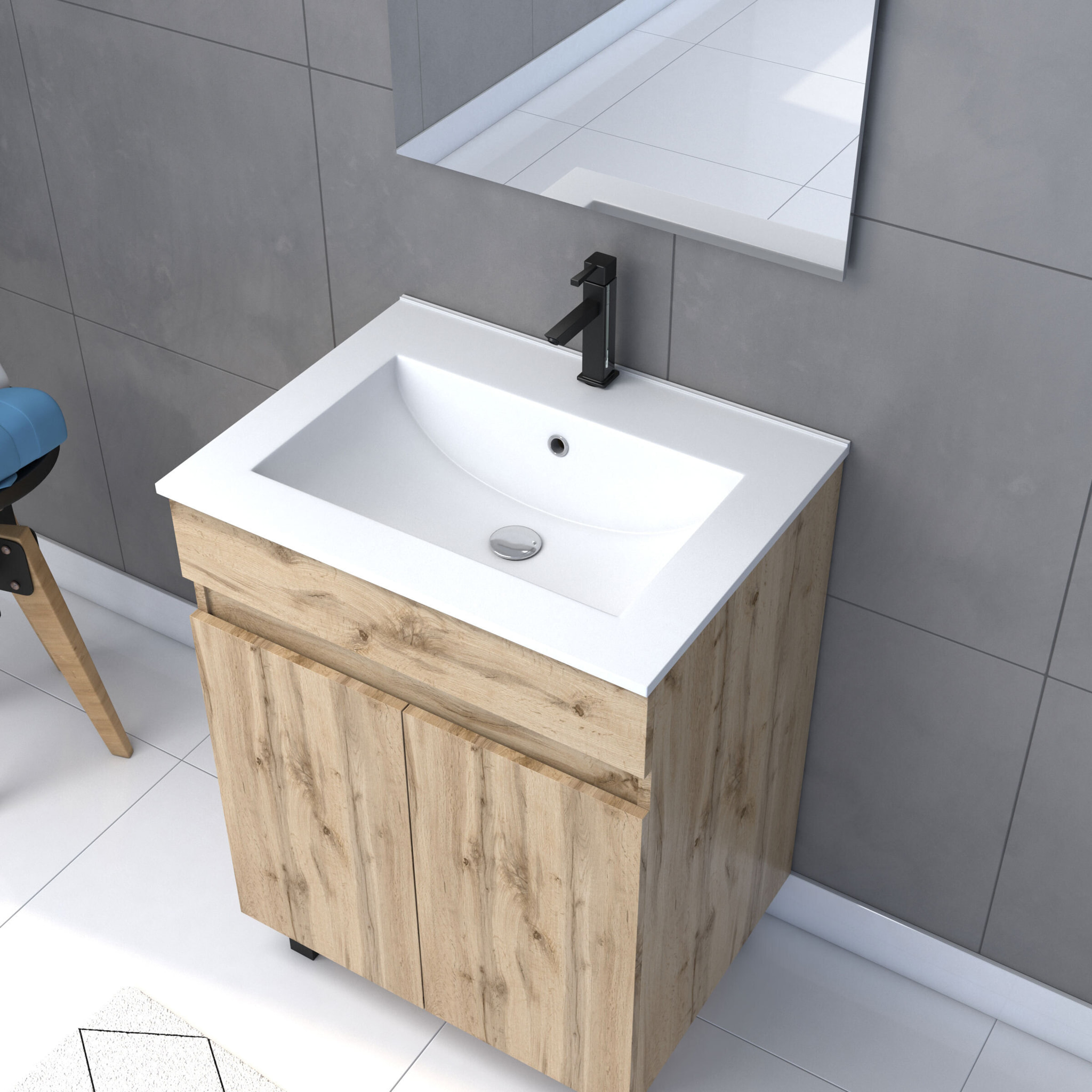 Pack Meuble SDB 60cm sur pieds 2 portes Chene_Vasque blanche + Miroir Led - TIMBER 60_Pack21