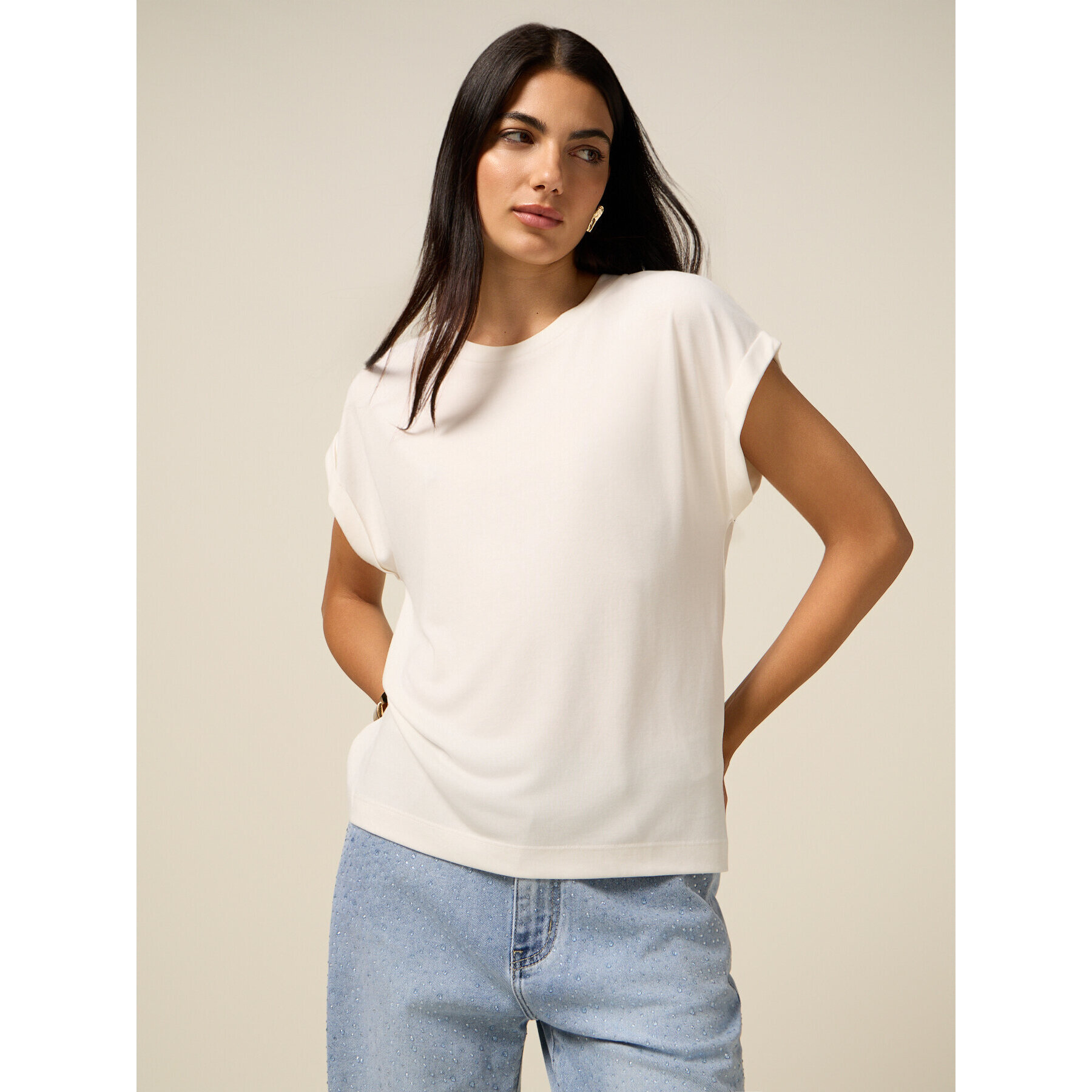 Oltre - Camiseta de punto jersey de mezcla de modal - Blanco