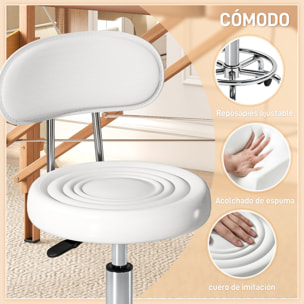 Taburete Giratorio Taburete con Ruedas y Respaldo Taburete de Trabajo con Altura Regulable 70-86 cm Asiento Tapizado de Cuero Sintético Blanco