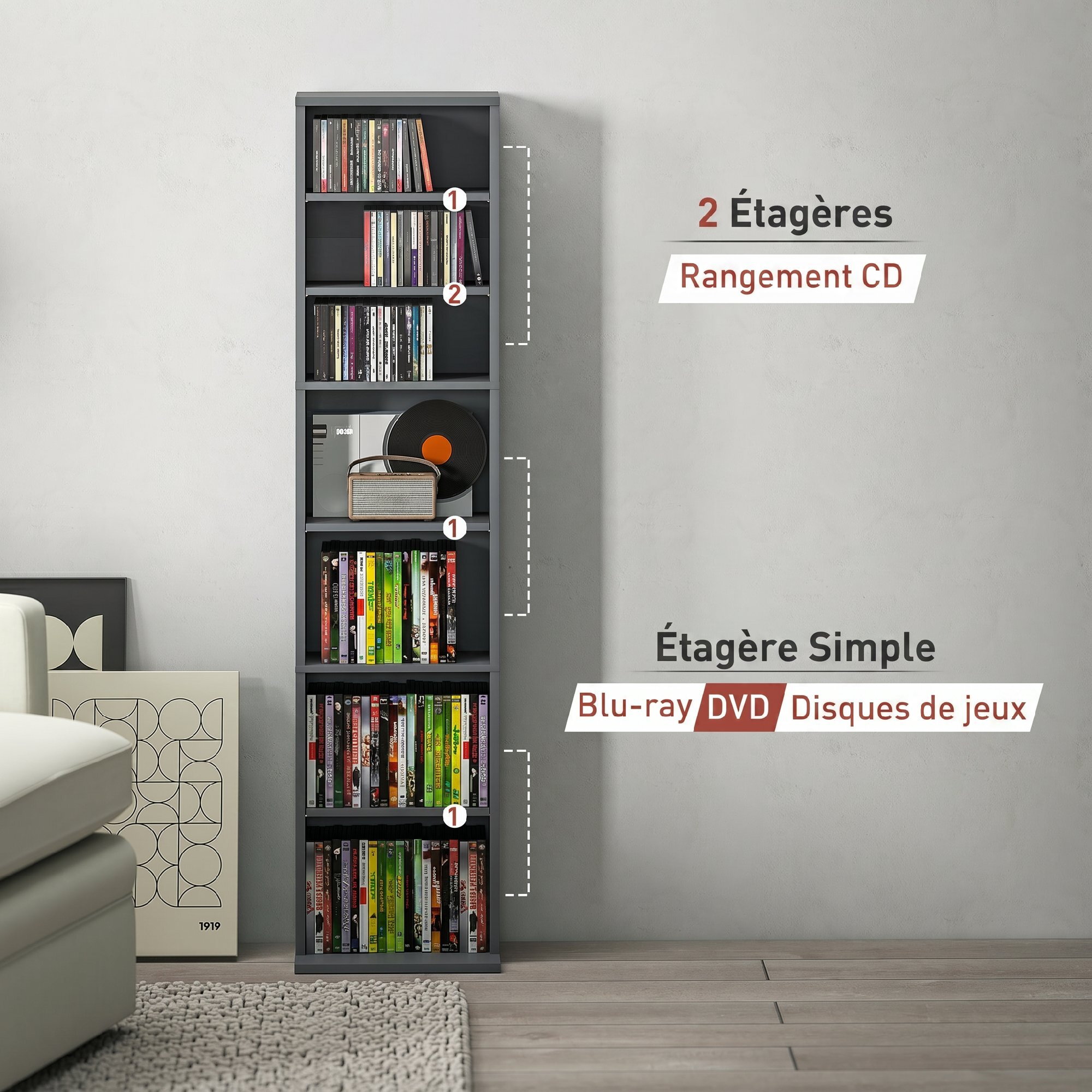 Étagère pour CD et DVD - 9 compartiments, 6 étagères réglables - 33x24x140cm - gris