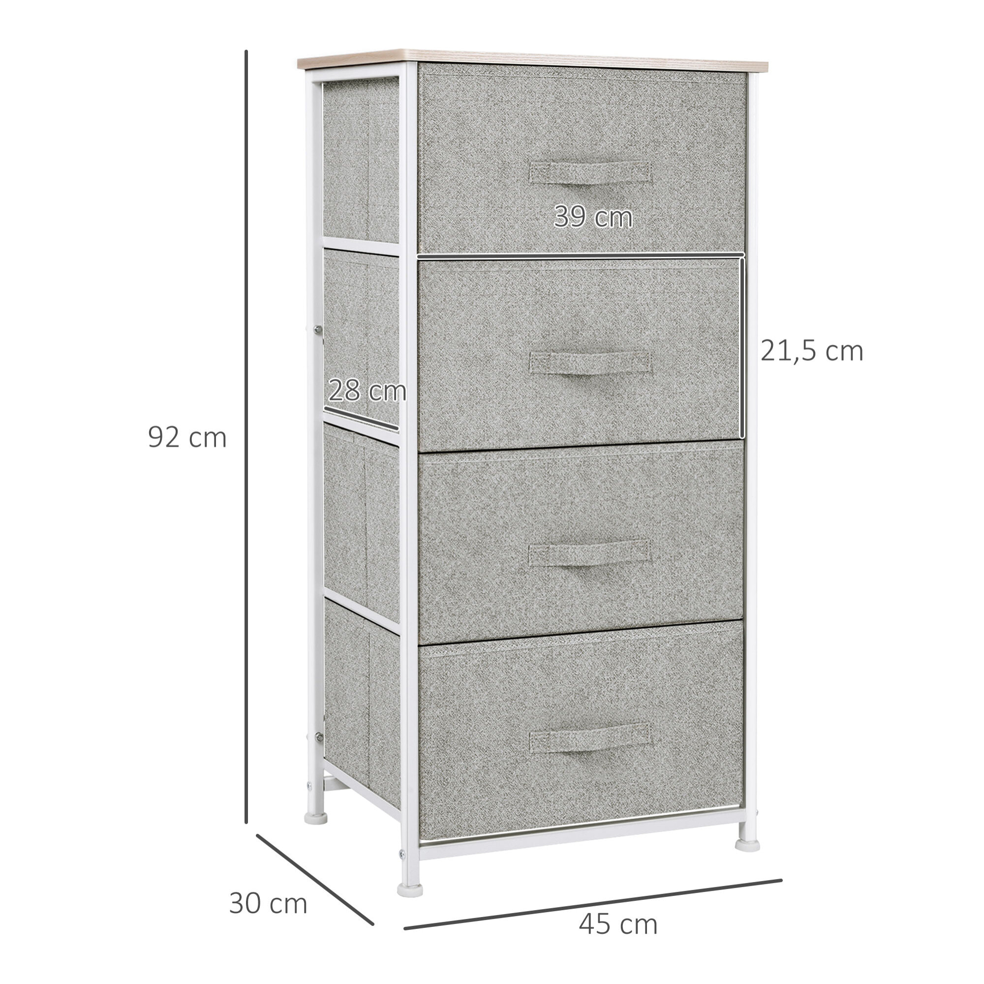 Chiffonnier meuble de rangement dim. 45L x 30l x 92H cm 4 tiroirs non-tissés gris structure métal blanc plateau MDF bois clair