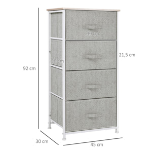 Chiffonnier meuble de rangement dim. 45L x 30l x 92H cm 4 tiroirs non-tissés gris structure métal blanc plateau MDF bois clair