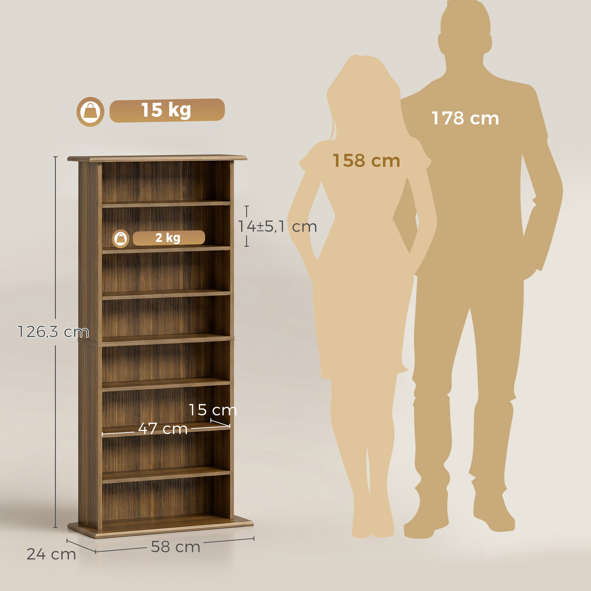 Étagère range CD - meuble rangement CD DVD - 8 compartiments, 6 étagères réglables - effet bois