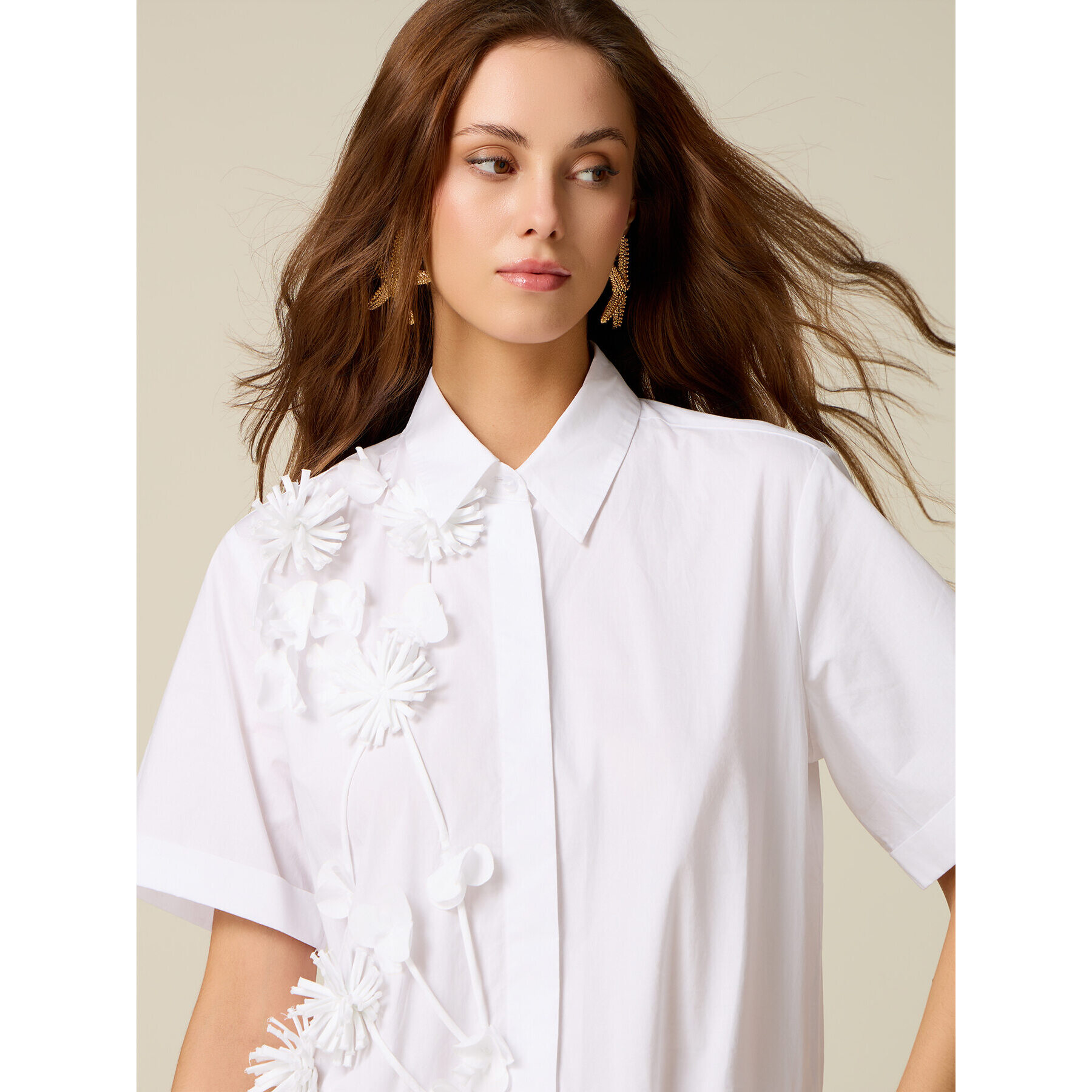 Oltre - Vestido camisero con flores aplicadas - Blanco