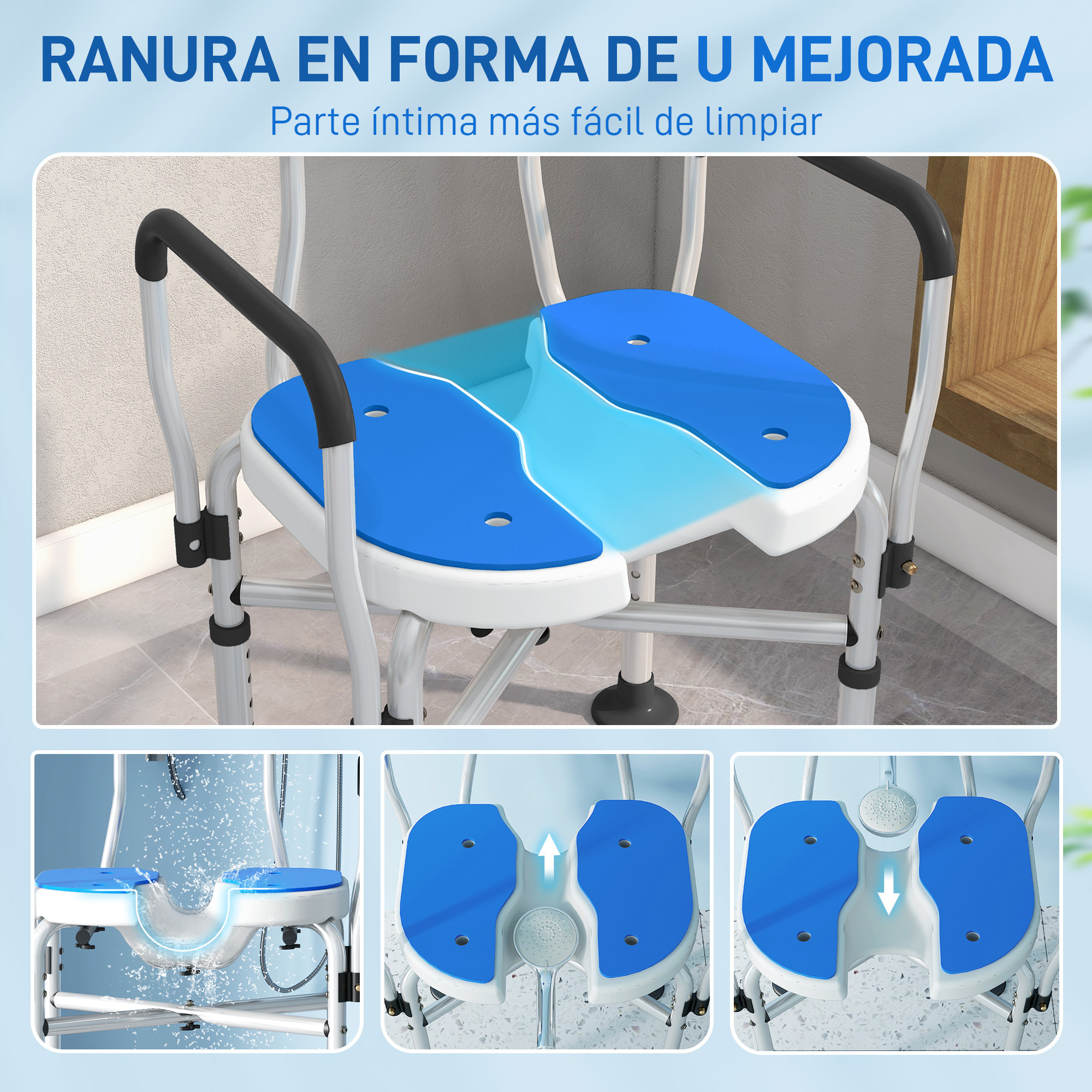 Silla Ducha Personas Mayores Silla de Ducha con Asiento Ranurado Altura Regulable Taburete de Ducha Antideslizante con Respaldo y Reposabrazos Carga 136 kg para Discapacitados Azul