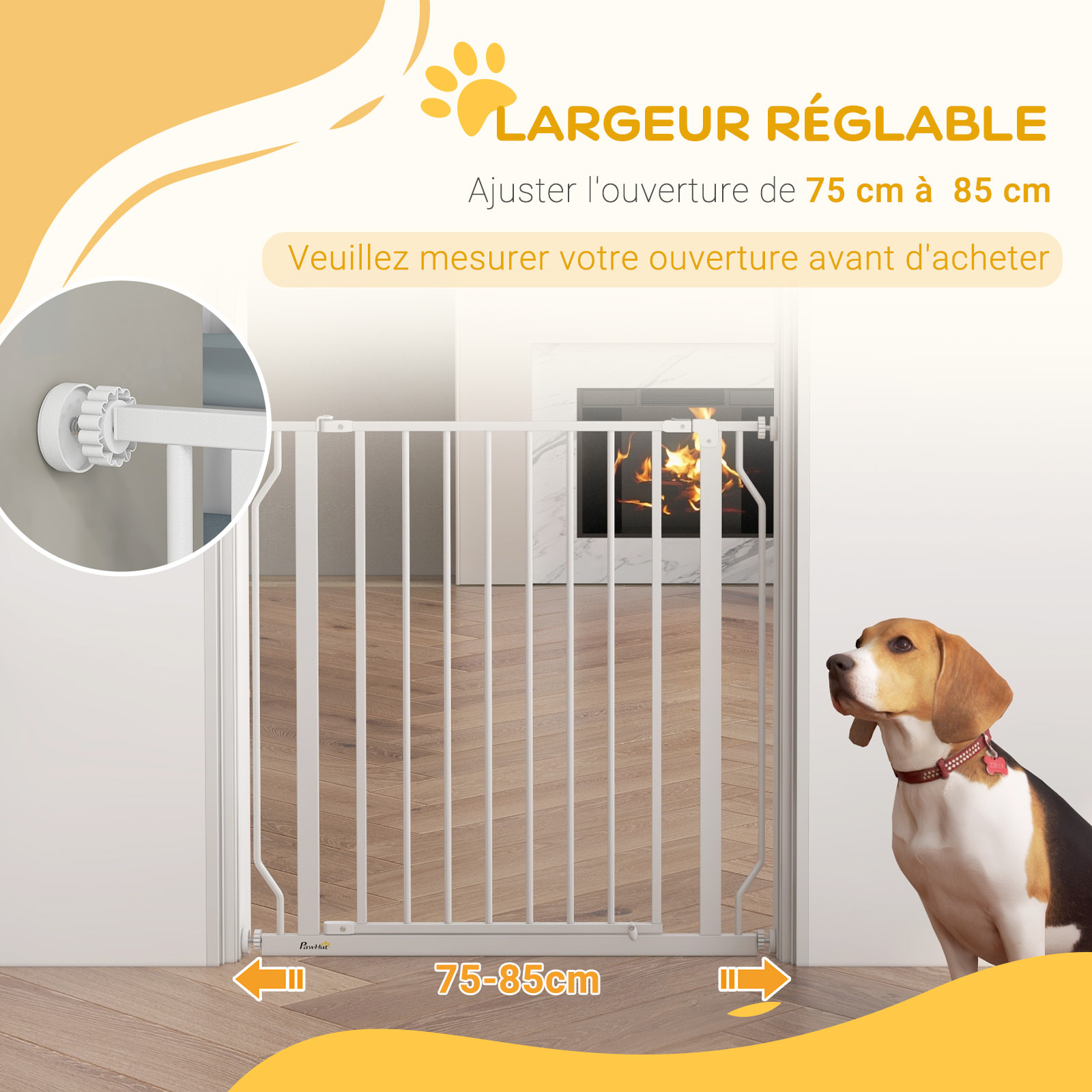 Barrière de sécurité barrière pour animal domestique longueur réglable barrière escaliers couloirs portes sans perçage en acier et ABS dim. 75-85L x 76H cm blanc