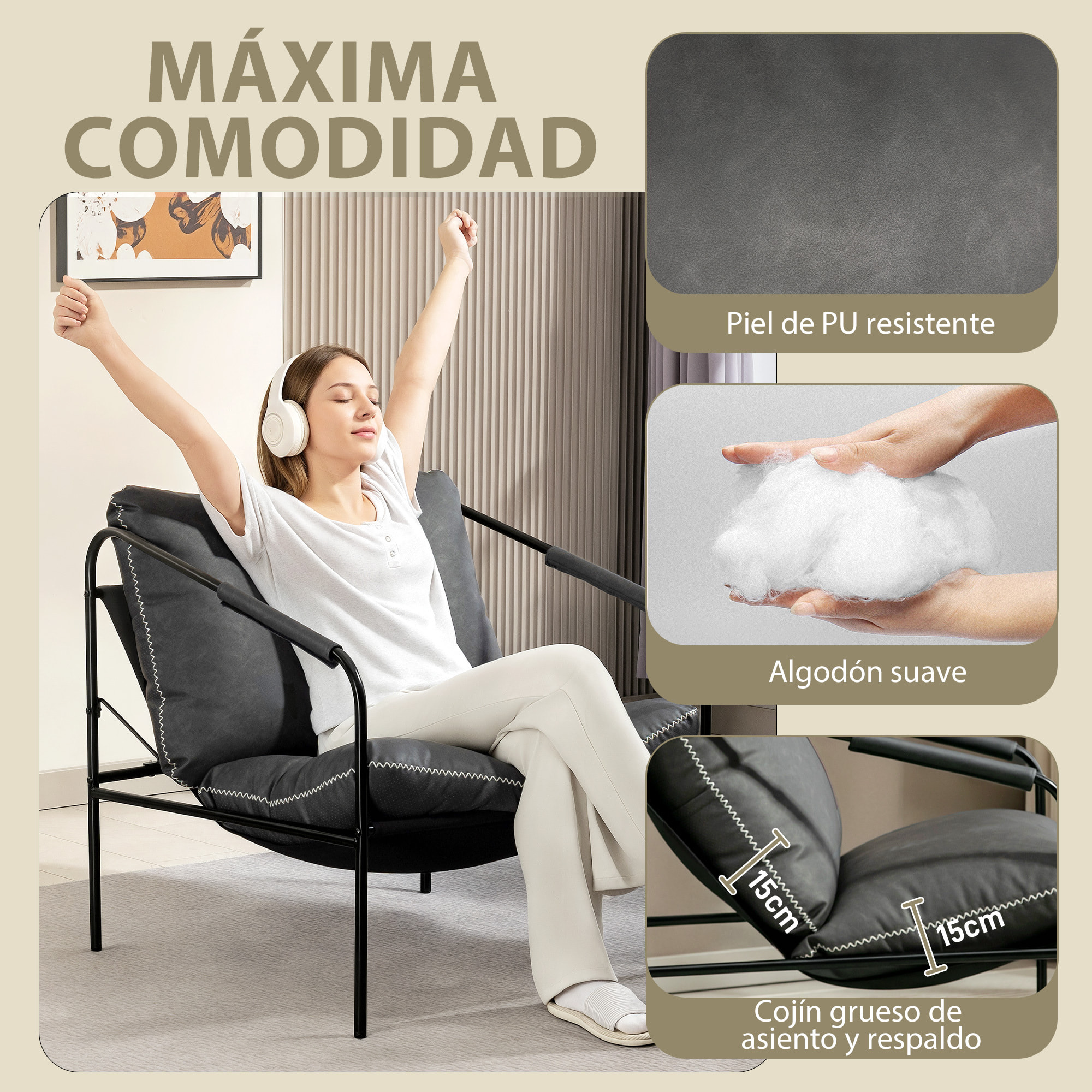 Butaca de Salón Moderna, Sillón de Lectura Tapizado en Cuero Sintético, Fundas de Cojines Extraíbles, Acolchado Grueso, Patas de Metal, para Dormitorio, Oficina, Gris Carbón