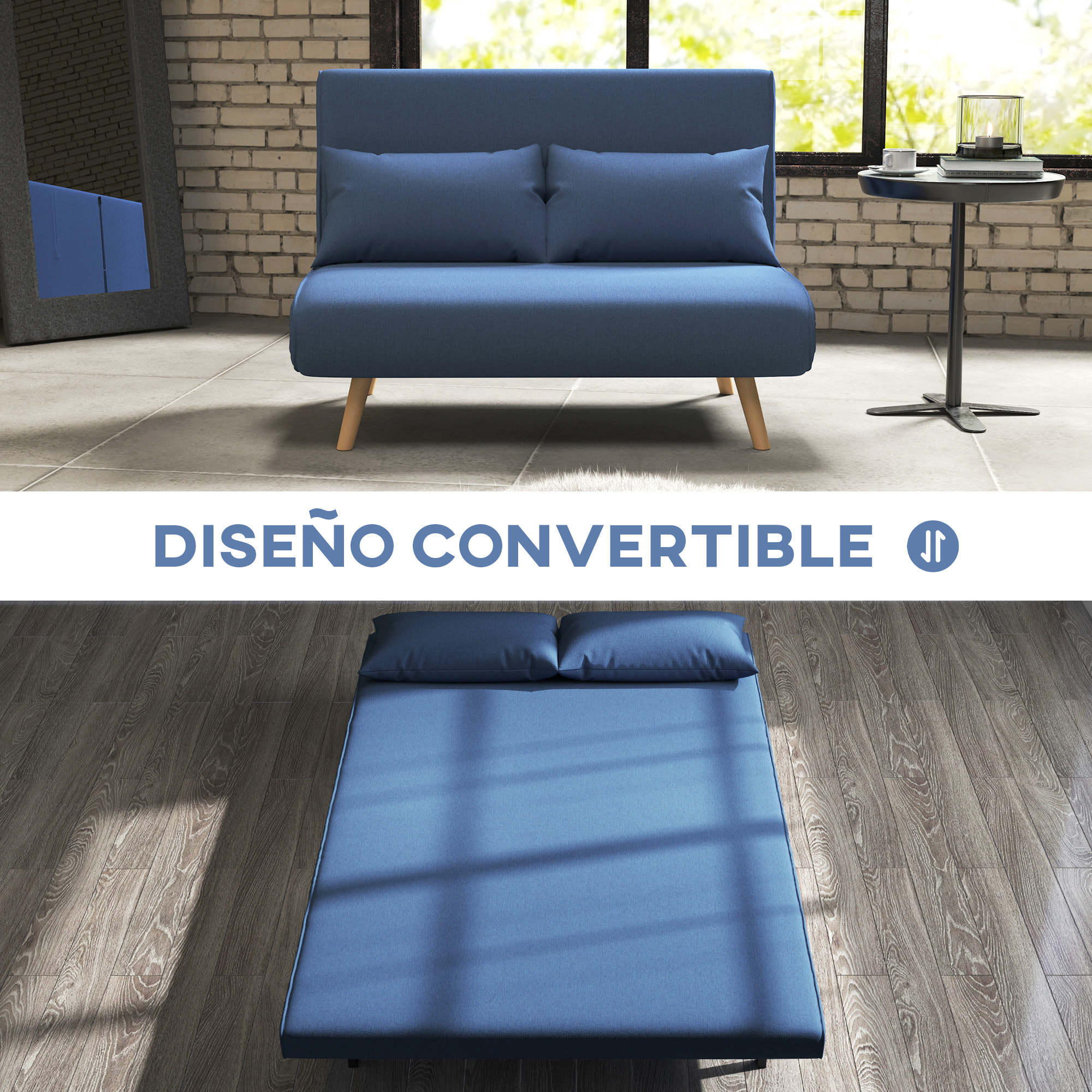 Sofá Cama de 2 Plazas Sofá Cama Plegable Tapizado en Lino con Respaldo Ajustable en 5 Posiciones y 2 Almohadas Sofá Cama Pequeño para Salón 120x75x85 cm Azul Oscuro