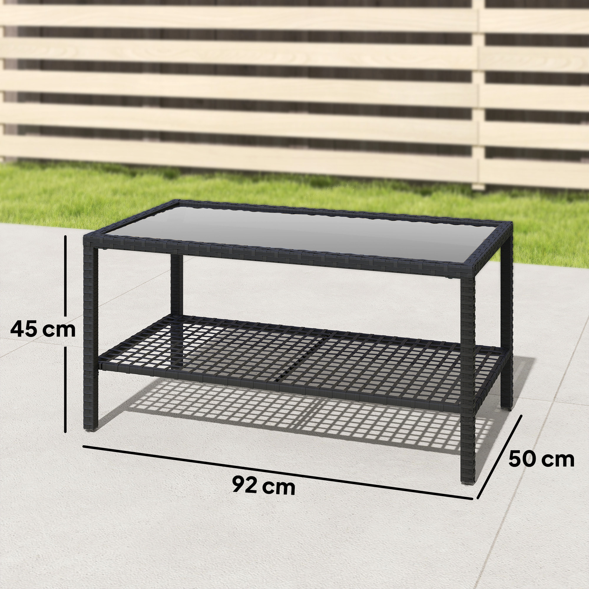 Mesa de Jardín de Ratán, Mesita Auxiliar con Estante, Tablero de Vidrio Templado, Estructura de Acero, para Terraza, Patio, Balcón, 92x50x45 cm, Negro