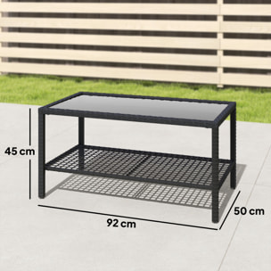 Mesa de Jardín de Ratán, Mesita Auxiliar con Estante, Tablero de Vidrio Templado, Estructura de Acero, para Terraza, Patio, Balcón, 92x50x45 cm, Negro
