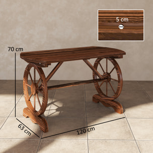 Mesa de Jardín de Madera Mesa de Terraza Exterior 120x63x70 cm con Patas en Forma de Rueda Orificio para Sombrilla y Diseño de Listones Carga 50 kg para Patio Madera Carbonizada