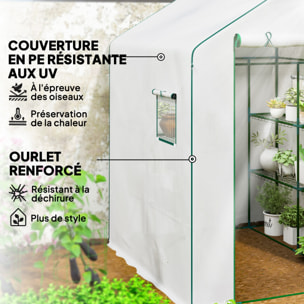 Serre de jardin 4 tablettes dim. 1,4L x 1,43l x 1,9H m porte déroulante fenêtre acier PE haute densité blanc