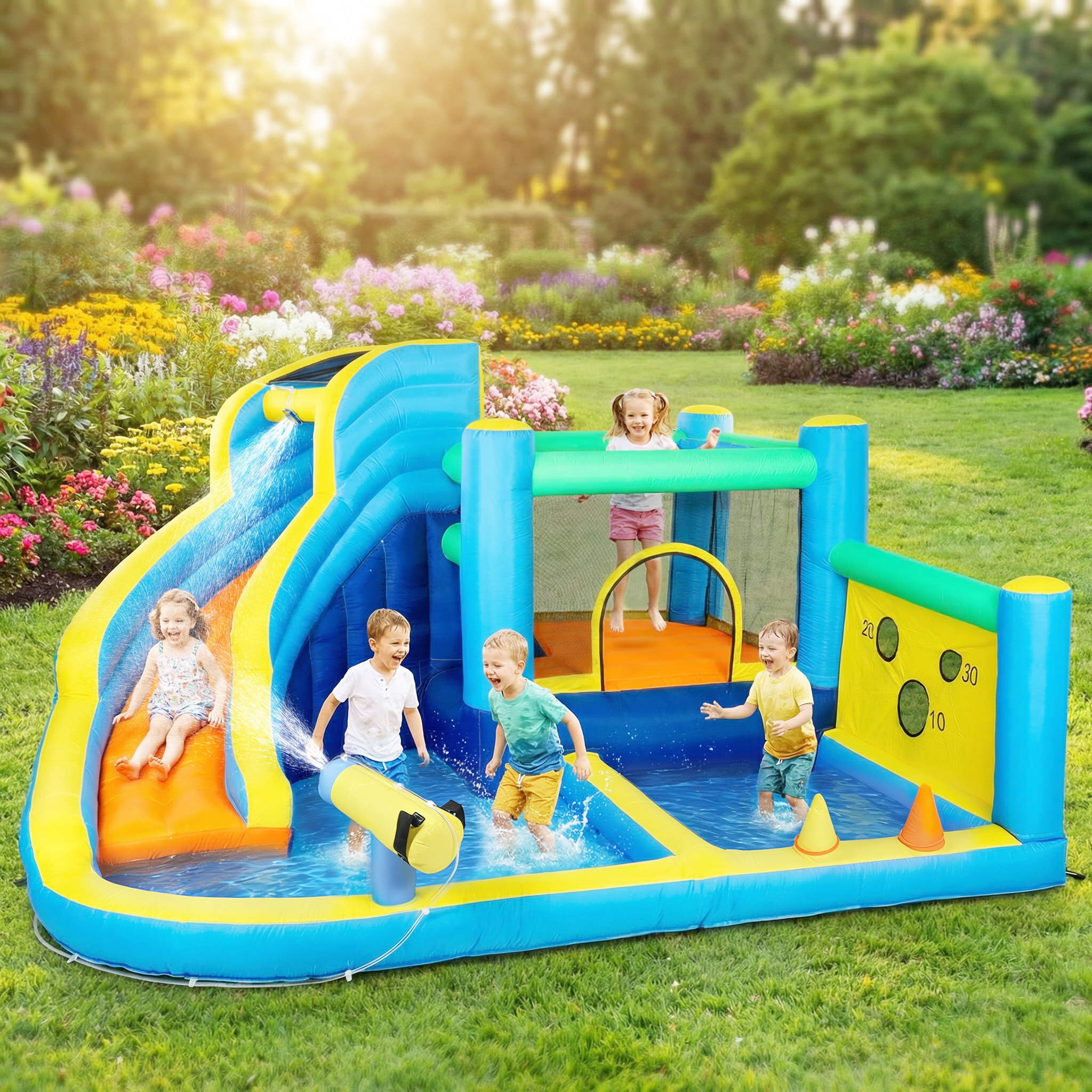 Castillo Hinchable Acuático 8 en 1 con Soplador 550W Castillo Hinchable Niños con Tobogán Zona de Salto Escalada Piscinas Canasta Lanzamiento de Aros Anillas Exterior Interior 350x320x190 cm