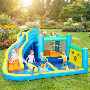 Castillo Hinchable Acuático 8 en 1 con Soplador 550W Castillo Hinchable Niños con Tobogán Zona de Salto Escalada Piscinas Canasta Lanzamiento de Aros Anillas Exterior Interior 350x320x190 cm