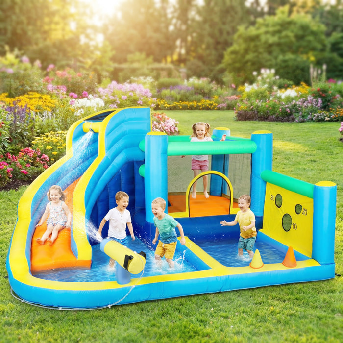 Castillo Hinchable Acuático 8 en 1 con Soplador 550W Castillo Hinchable Niños con Tobogán Zona de Salto Escalada Piscinas Canasta Lanzamiento de Aros Anillas Exterior Interior 350x320x190 cm