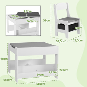 Ensemble table et chaises enfant - 3 pcs - plateau table réversible tableau noir - rangements - étagère - blanc gris