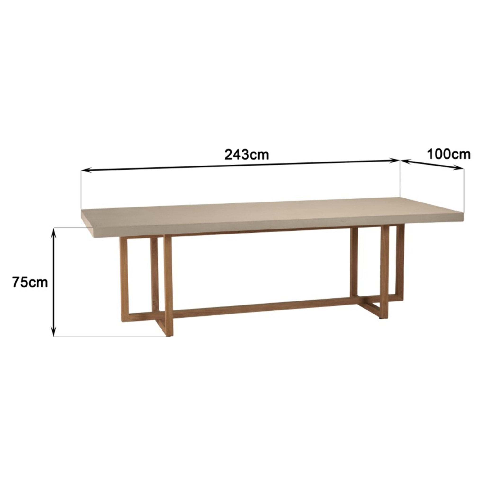DAK - Table à manger rect. 243x100cm béton beige pieds croisés en teck