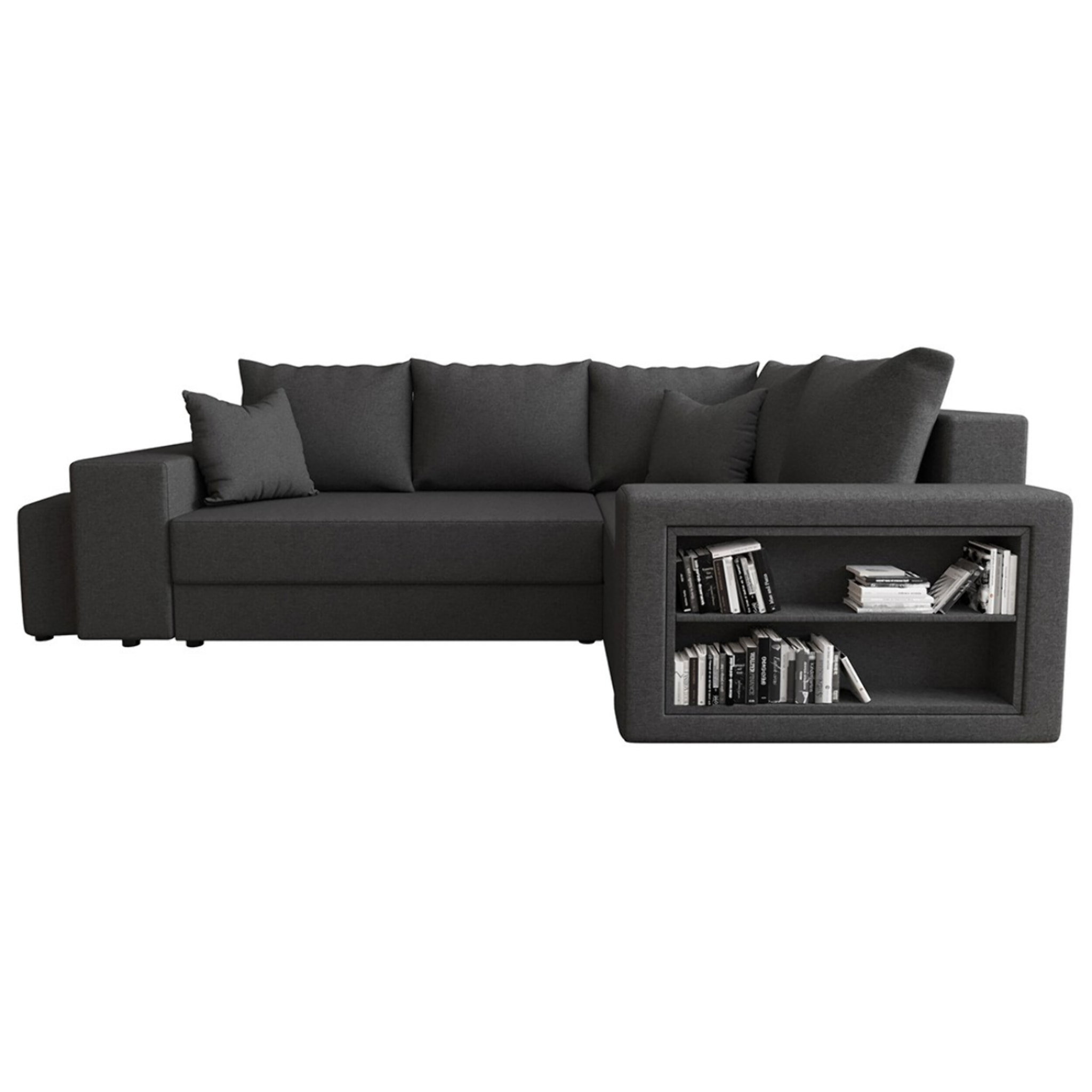 Libbie - Canapé d'angle droit 4 places convertible avec coffre, étagère et poufs en tissu - Gris Anthracite