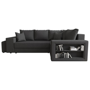 Libbie - Canapé d'angle droit 4 places convertible avec coffre, étagère et poufs en tissu - Gris Anthracite