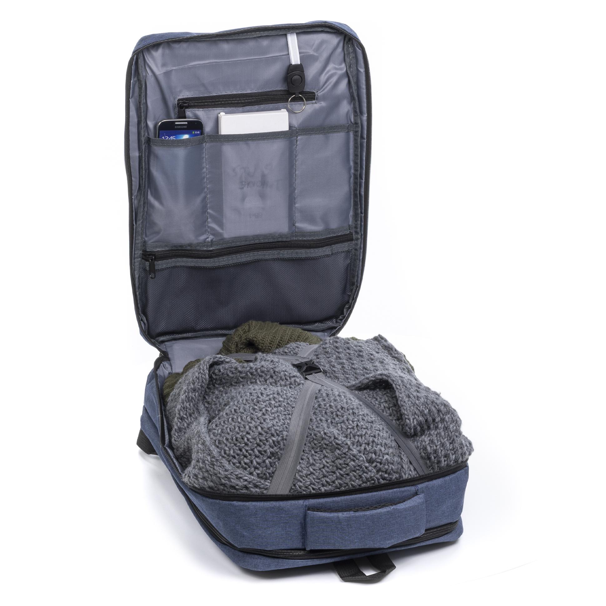 Mochila cabina multi compartimento, porta Laptop 17''. Adaptable a Trolley. Toma USB externa oculta.