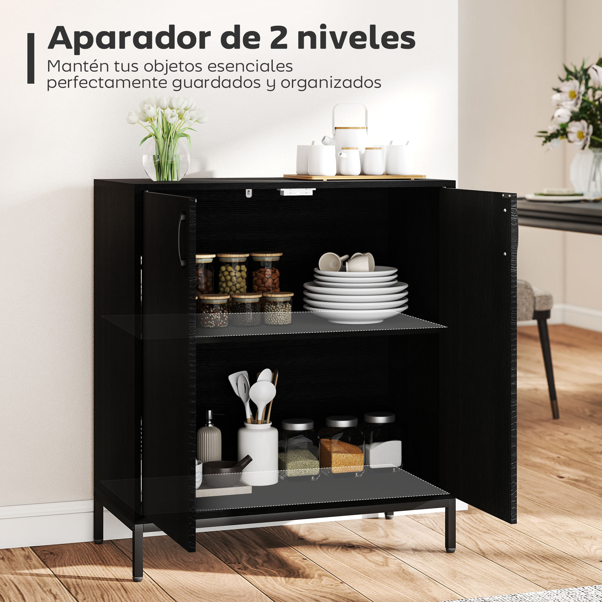 Aparador para Salón con 2 Puertas, Aparador de Cocina Moderno, Estante Ajustable y Base Elevada, para Comedor, Pasillo, Dormitorio, 80x40x90 cm, Negro