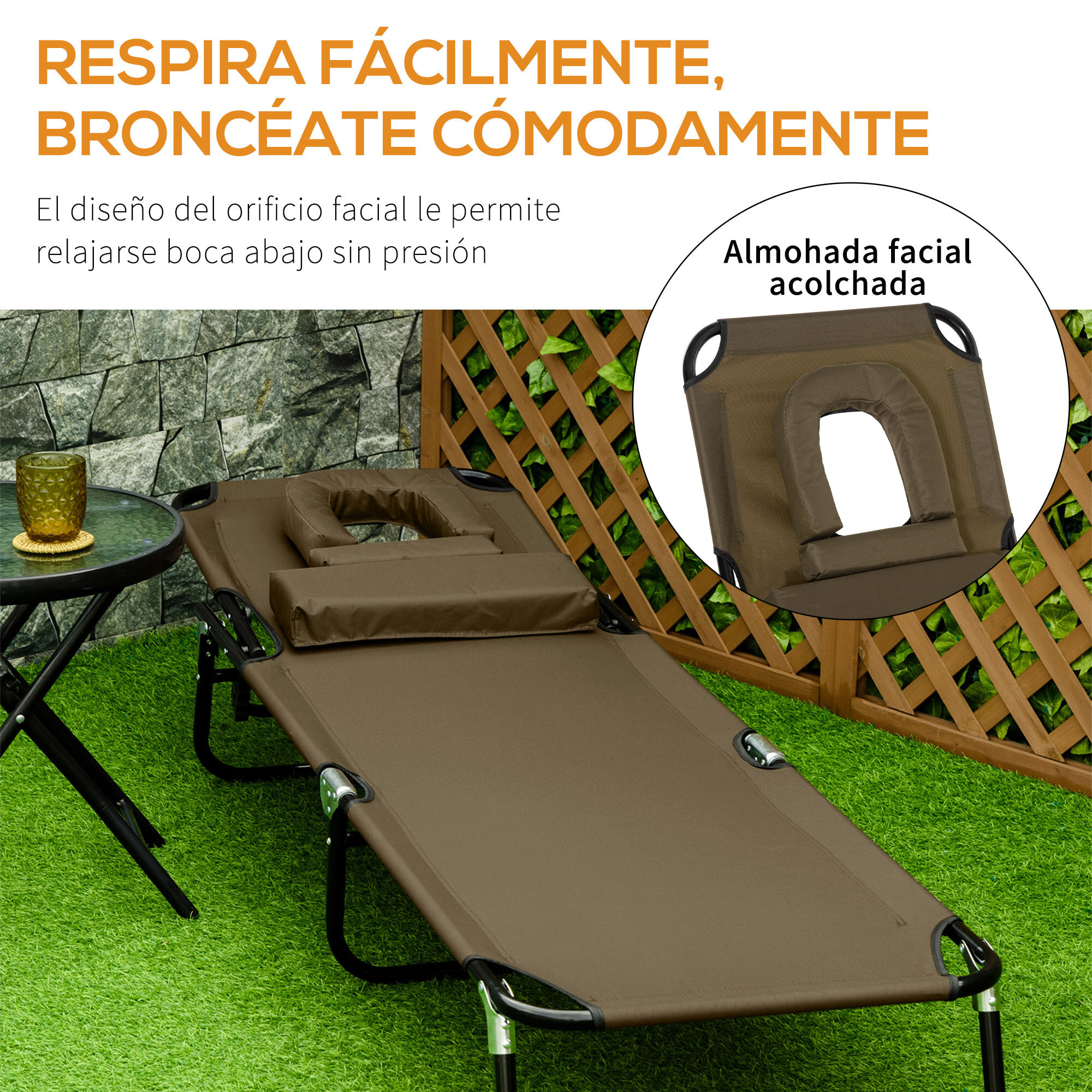 Tumbona Plegable con Respaldo Regulable en 4 Posiciones Tumbona de Jardín con Orificio de Lectura Almohada Marco Metálico y Tela Oxford para Playa Terraza Carga 120 kg 190x56x28 cm Marrón