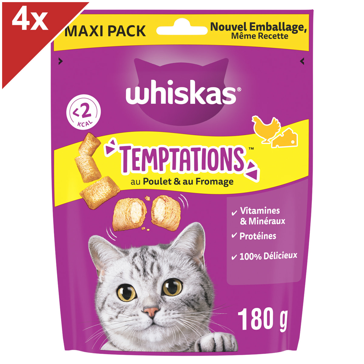 WHISKAS Temptations 4 Friandises pour chat au Poulet et Fromage (4x180g)