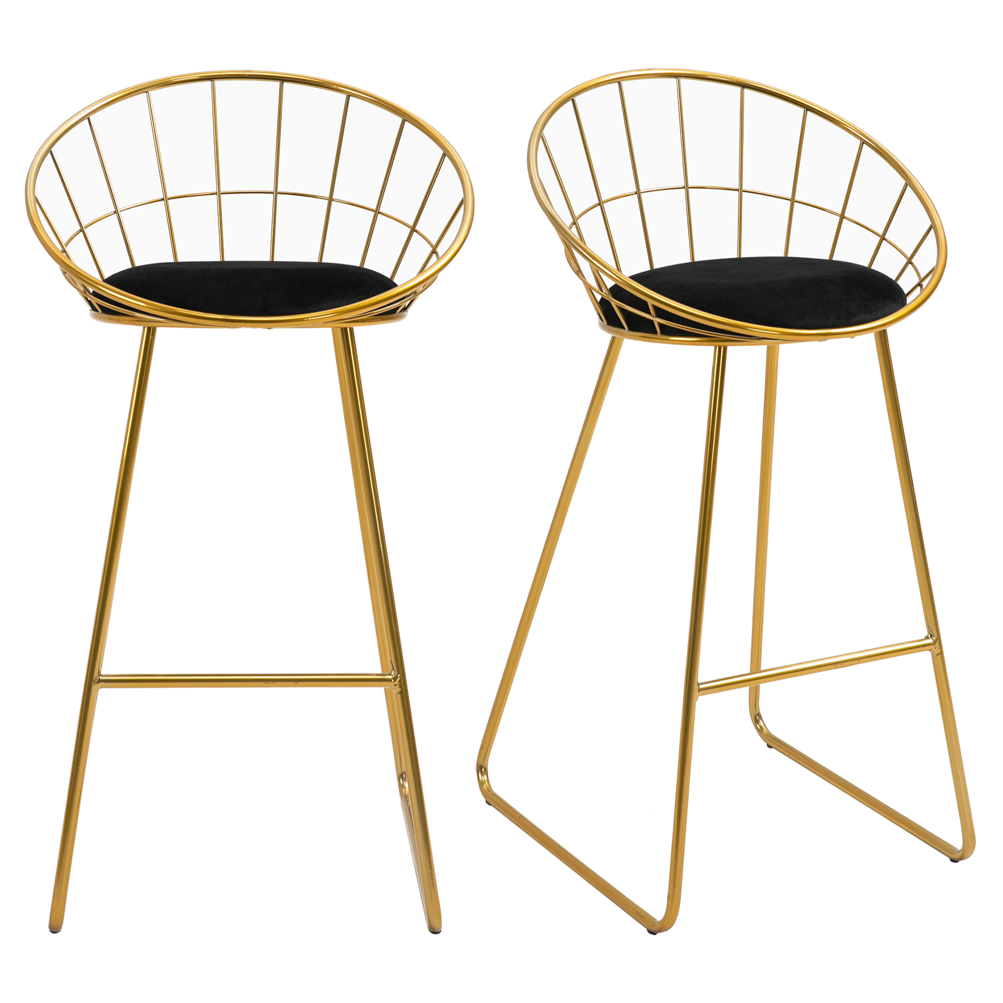 Lot de 2 tabourets de bar design avec repose-pied structure métal et coussin velours 52,5 x 47 x 97 cm noir et doré