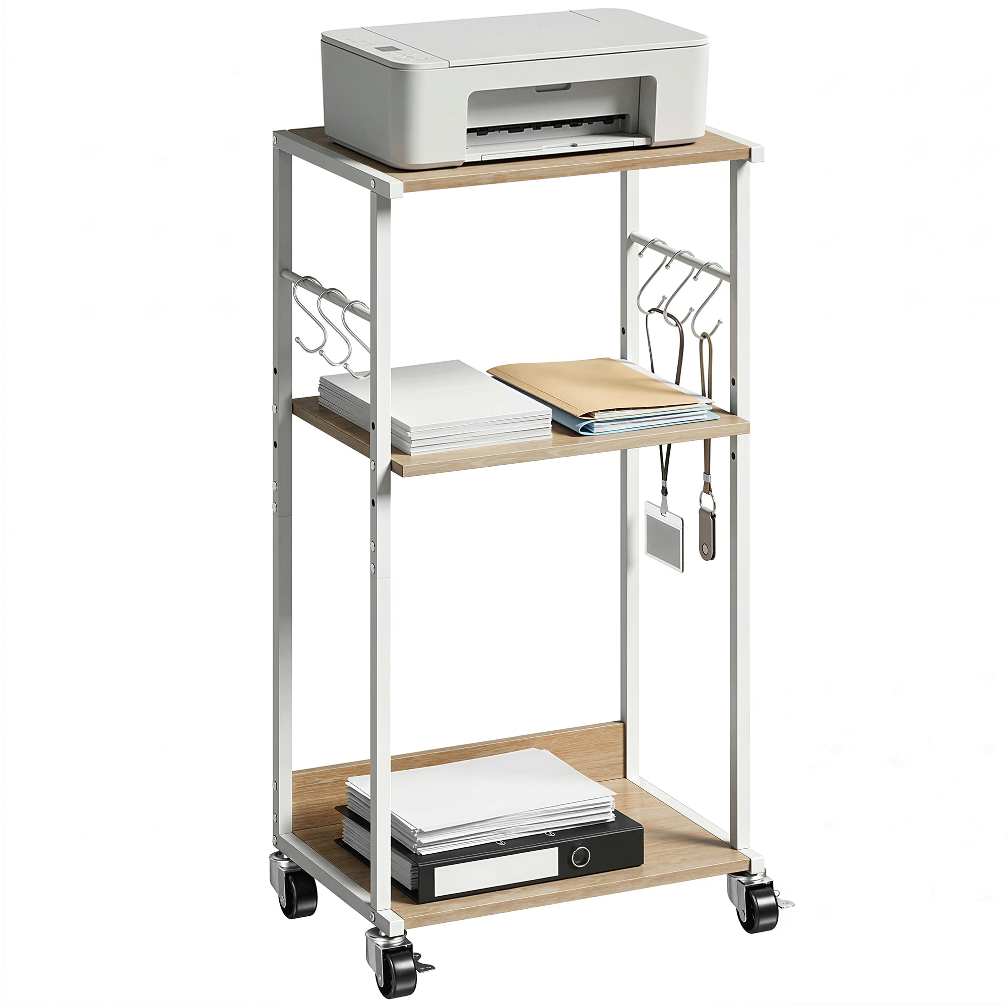 Soporte para Impresora de 3 Niveles con Ruedas, Mueble para Impresora con Ganchos y Marco Metálico, Estantería Multiusos para Oficina, Casa, Escuela, Madera Natural