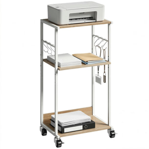 Soporte para Impresora de 3 Niveles con Ruedas, Mueble para Impresora con Ganchos y Marco Metálico, Estantería Multiusos para Oficina, Casa, Escuela, Madera Natural