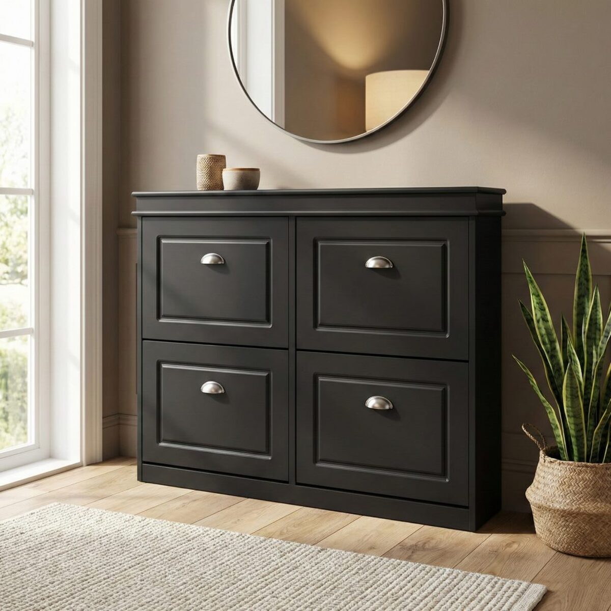 Mobile scarpiera grigio moderno con 4 ribalte 105x24x82 cm design bugnato- Vittoria