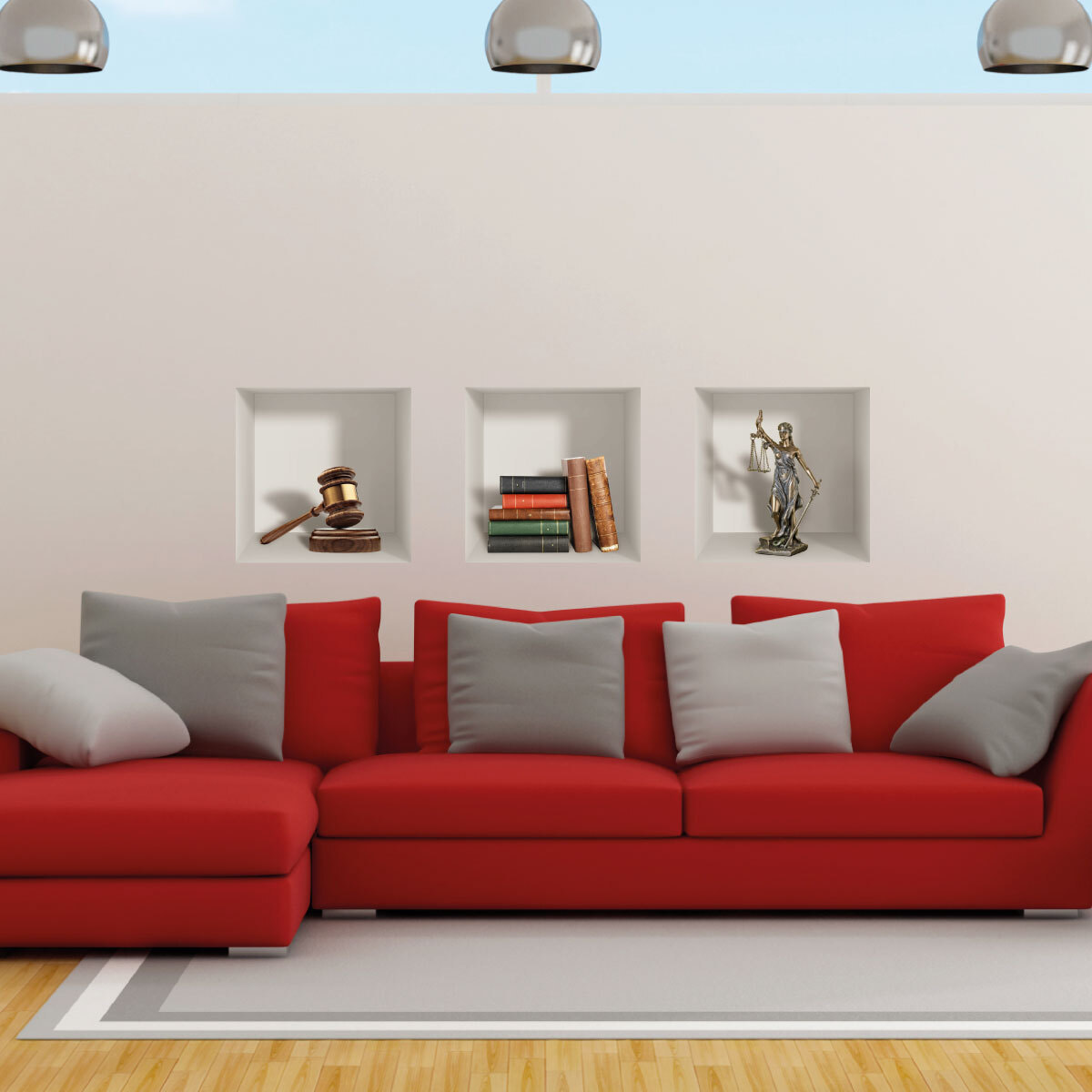 Stickers muraux 3D | Sticker Mural Autocollant effet 3D statuette marteau et livres de la justice - Stickers adhésifs 3D Chambre Salon Trompe l'oeil